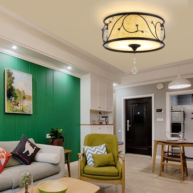 Iron Black/Gold Flush Ceiling Light 16"/19.5" Dia Drum Shape 4/5 Lights Vintage Flushmount Lighting Clearhalo 'Ceiling Lights' 'Close To Ceiling Lights' 'Close to ceiling' 'Flush mount' Lighting' 263876