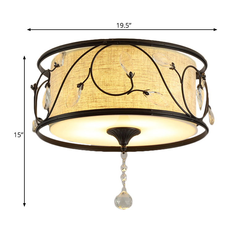 Iron Black/Gold Flush Ceiling Light 16"/19.5" Dia Drum Shape 4/5 Lights Vintage Flushmount Lighting Clearhalo 'Ceiling Lights' 'Close To Ceiling Lights' 'Close to ceiling' 'Flush mount' Lighting' 263879