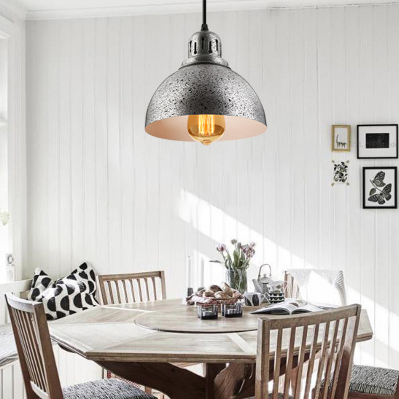 Rustic Industrial Domed Hanging Lamp 1 Light Wrought Iron Ceiling Light Fixture with Vented Socket in Dark Grey/Light Grey Clearhalo 'Art Deco Pendants' 'Cast Iron' 'Ceiling Lights' 'Ceramic' 'Crystal' 'Industrial Pendants' 'Industrial' 'Metal' 'Middle Century Pendants' 'Pendant Lights' 'Pendants' 'Tiffany' Lighting' 2639