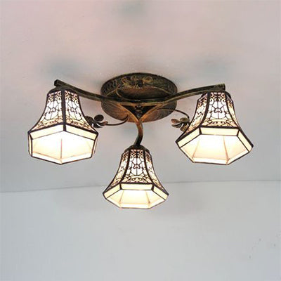 Conic Ceiling Fixture Vintage Stained Glass 3 Lights Flushmount Ceiling Light with Art Pattern Antique Bronze Wire Mesh Clearhalo 'Ceiling Lights' 'Close To Ceiling Lights' 'Close to ceiling' 'Glass shade' 'Glass' 'Semi-flushmount' 'Tiffany close to ceiling' 'Tiffany' Lighting' 26390