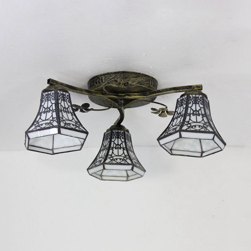 Conic Ceiling Fixture Vintage Stained Glass 3 Lights Flushmount Ceiling Light with Art Pattern Clearhalo 'Ceiling Lights' 'Close To Ceiling Lights' 'Close to ceiling' 'Glass shade' 'Glass' 'Semi-flushmount' 'Tiffany close to ceiling' 'Tiffany' Lighting' 26391