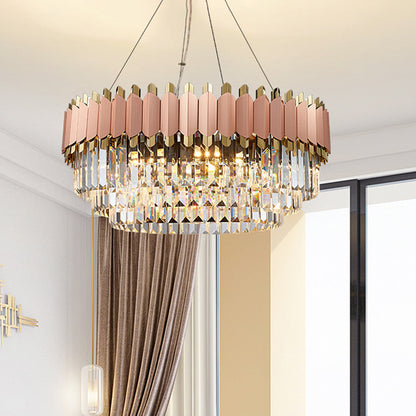 Layered Crystal Drop Pendant Modernism 8/12 Lights Pink and Gold Hanging Ceiling Light 8 Gold Clearhalo 'Ceiling Lights' 'Chandeliers' 'Modern Chandeliers' 'Modern' Lighting' 263911