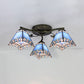 Conic Ceiling Fixture Vintage Stained Glass 3 Lights Flushmount Ceiling Light with Art Pattern Antique Bronze Navy Blue Clearhalo 'Ceiling Lights' 'Close To Ceiling Lights' 'Close to ceiling' 'Glass shade' 'Glass' 'Semi-flushmount' 'Tiffany close to ceiling' 'Tiffany' Lighting' 26392