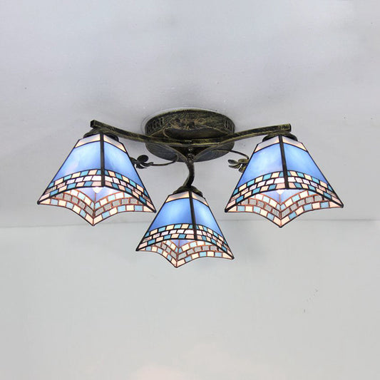 Conic Ceiling Fixture Vintage Stained Glass 3 Lights Flushmount Ceiling Light with Art Pattern Antique Bronze Navy Blue Clearhalo 'Ceiling Lights' 'Close To Ceiling Lights' 'Close to ceiling' 'Glass shade' 'Glass' 'Semi-flushmount' 'Tiffany close to ceiling' 'Tiffany' Lighting' 26392