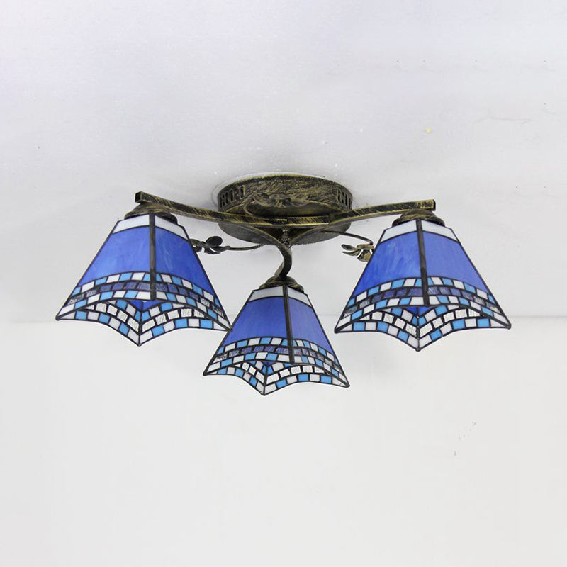 Conic Ceiling Fixture Vintage Stained Glass 3 Lights Flushmount Ceiling Light with Art Pattern Clearhalo 'Ceiling Lights' 'Close To Ceiling Lights' 'Close to ceiling' 'Glass shade' 'Glass' 'Semi-flushmount' 'Tiffany close to ceiling' 'Tiffany' Lighting' 26393