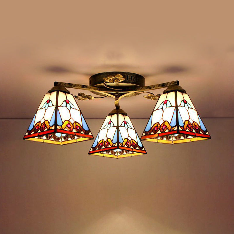Conic Ceiling Fixture Vintage Stained Glass 3 Lights Flushmount Ceiling Light with Art Pattern Antique Bronze Dragonfly Clearhalo 'Ceiling Lights' 'Close To Ceiling Lights' 'Close to ceiling' 'Glass shade' 'Glass' 'Semi-flushmount' 'Tiffany close to ceiling' 'Tiffany' Lighting' 26394