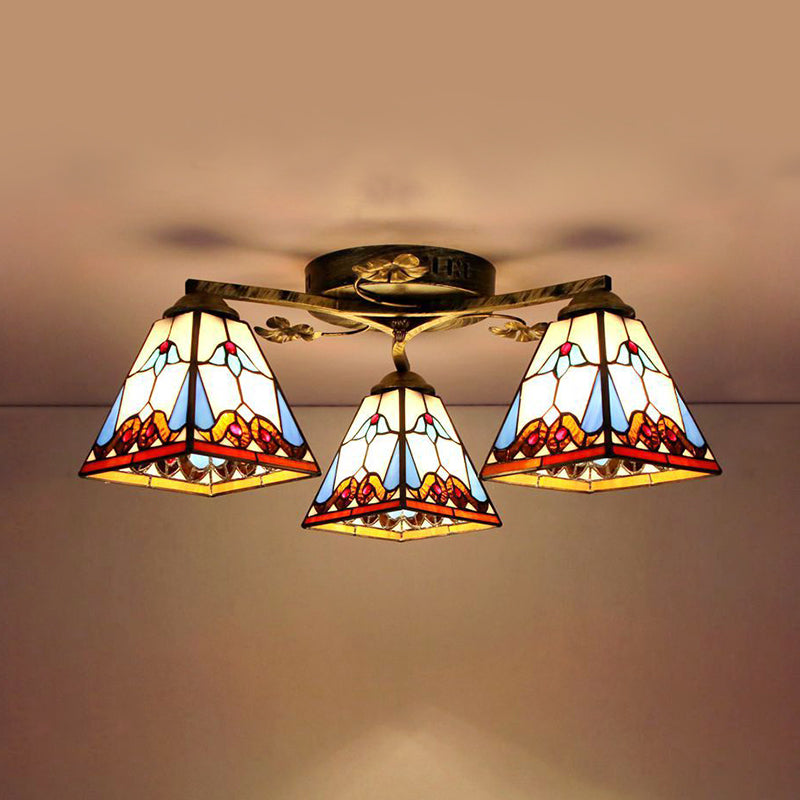 Conic Ceiling Fixture Vintage Stained Glass 3 Lights Flushmount Ceiling Light with Art Pattern Antique Bronze Dragonfly Clearhalo 'Ceiling Lights' 'Close To Ceiling Lights' 'Close to ceiling' 'Glass shade' 'Glass' 'Semi-flushmount' 'Tiffany close to ceiling' 'Tiffany' Lighting' 26394