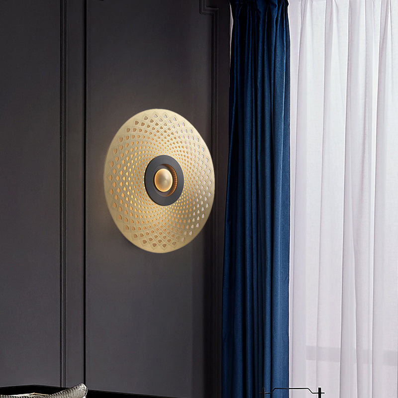 Colonial Round Wall Mounted Lighting LED Metal Flush Mount Wall Sconce in Gold for Bedroom Clearhalo 'Wall Lamps & Sconces' 'Wall Lights' Lighting' 264045