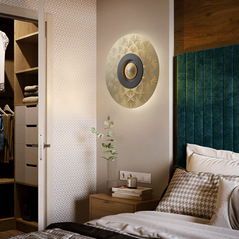 Colonial Round Wall Mounted Lighting LED Metal Flush Mount Wall Sconce in Gold for Bedroom Clearhalo 'Wall Lamps & Sconces' 'Wall Lights' Lighting' 264051