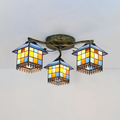 Blue/Clear Small House Ceiling Light Tiffany Stained Glass 3 Lights Flush Mount Ceiling Light for Bedroom Blue Clearhalo 'Ceiling Lights' 'Close To Ceiling Lights' 'Close to ceiling' 'Glass shade' 'Glass' 'Semi-flushmount' 'Tiffany close to ceiling' 'Tiffany' Lighting' 26406