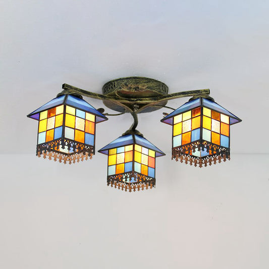 Blue/Clear Small House Ceiling Light Tiffany Stained Glass 3 Lights Flush Mount Ceiling Light for Bedroom Blue Clearhalo 'Ceiling Lights' 'Close To Ceiling Lights' 'Close to ceiling' 'Glass shade' 'Glass' 'Semi-flushmount' 'Tiffany close to ceiling' 'Tiffany' Lighting' 26406