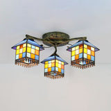 Blue/Clear Small House Ceiling Light Tiffany Stained Glass 3 Lights Flush Mount Ceiling Light for Bedroom Blue Clearhalo 'Ceiling Lights' 'Close To Ceiling Lights' 'Close to ceiling' 'Glass shade' 'Glass' 'Semi-flushmount' 'Tiffany close to ceiling' 'Tiffany' Lighting' 26406