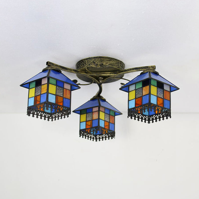 Blue/Clear Small House Ceiling Light Tiffany Stained Glass 3 Lights Flush Mount Ceiling Light for Bedroom Clearhalo 'Ceiling Lights' 'Close To Ceiling Lights' 'Close to ceiling' 'Glass shade' 'Glass' 'Semi-flushmount' 'Tiffany close to ceiling' 'Tiffany' Lighting' 26407
