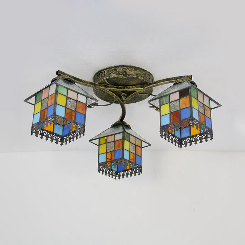 Blue/Clear Small House Ceiling Light Tiffany Stained Glass 3 Lights Flush Mount Ceiling Light for Bedroom Clearhalo 'Ceiling Lights' 'Close To Ceiling Lights' 'Close to ceiling' 'Glass shade' 'Glass' 'Semi-flushmount' 'Tiffany close to ceiling' 'Tiffany' Lighting' 26409