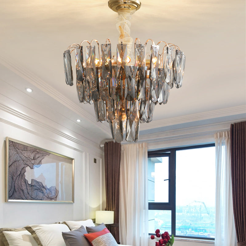 Clear/Smoke Gray Crystal Tiered Chandelier Lamp Modern 7-Light Bedroom Pendant Light Kit Clearhalo 'Ceiling Lights' 'Chandeliers' 'Clear' 'Industrial' 'Modern Chandeliers' 'Modern' 'Tiffany' 'Traditional Chandeliers' Lighting' 264395