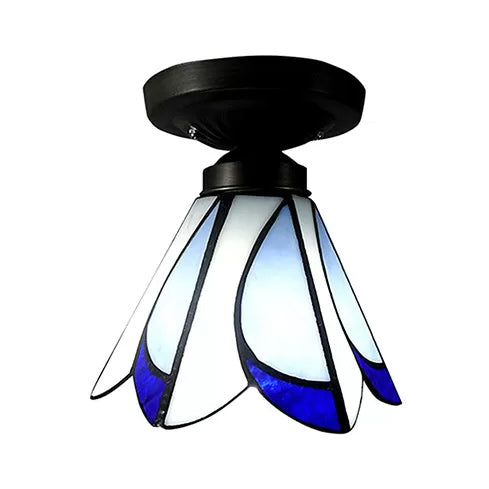 Bedroom Ceiling Light Glass, Floral Semi Flush Light Tiffany Style, 4" High x 7" in Diameter Clearhalo 'Ceiling Lights' 'Close To Ceiling Lights' 'Close to ceiling' 'Glass shade' 'Glass' 'Semi-flushmount' 'Tiffany close to ceiling' 'Tiffany' Lighting' 2644