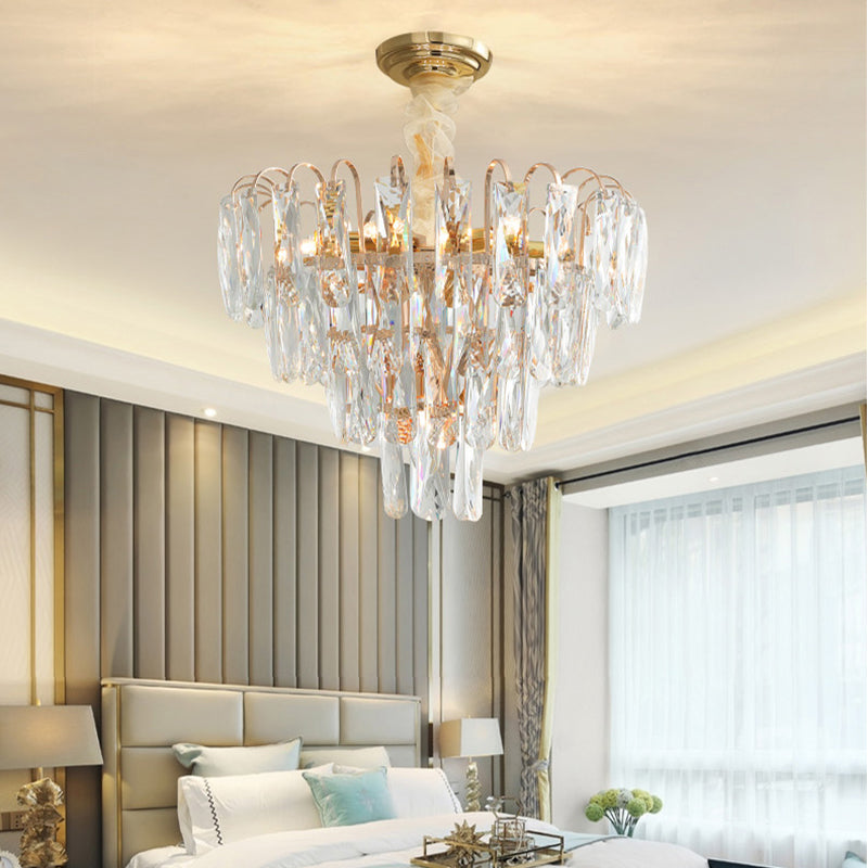 Clear/Smoke Gray Crystal Tiered Chandelier Lamp Modern 7-Light Bedroom Pendant Light Kit Clearhalo 'Ceiling Lights' 'Chandeliers' 'Clear' 'Industrial' 'Modern Chandeliers' 'Modern' 'Tiffany' 'Traditional Chandeliers' Lighting' 264401