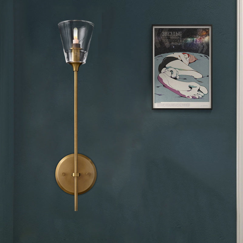 Black/Brass Finish Pencil Arm Wallchiere Vintage Metallic 1/2 Bulbs Wall Lamp with Clear Tapered Glass Shade Clearhalo 'Wall Lamps & Sconces' 'Wall Lights' Lighting' 264415