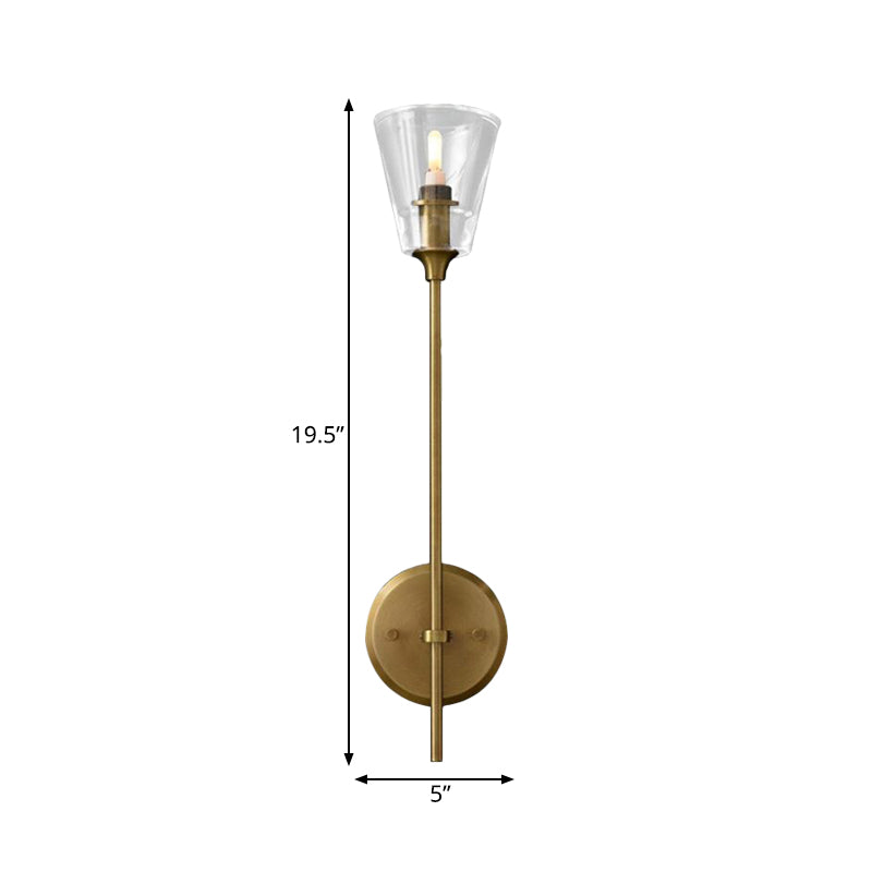 Black/Brass Finish Pencil Arm Wallchiere Vintage Metallic 1/2 Bulbs Wall Lamp with Clear Tapered Glass Shade Clearhalo 'Wall Lamps & Sconces' 'Wall Lights' Lighting' 264418
