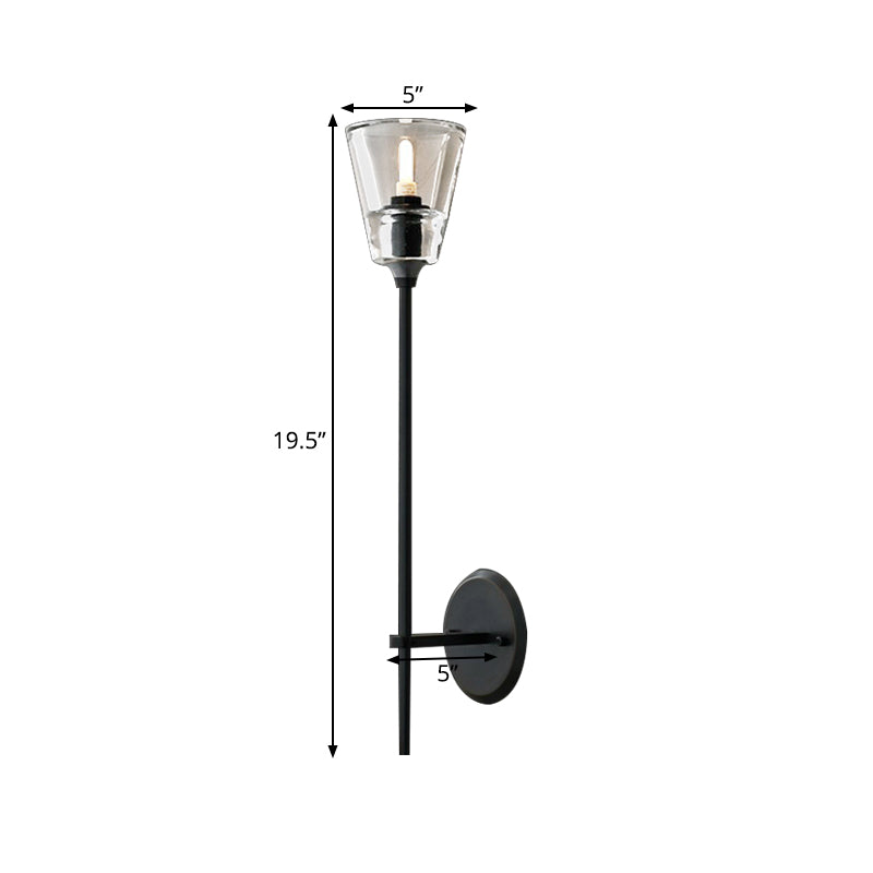Black/Brass Finish Pencil Arm Wallchiere Vintage Metallic 1/2 Bulbs Wall Lamp with Clear Tapered Glass Shade Clearhalo 'Wall Lamps & Sconces' 'Wall Lights' Lighting' 264424