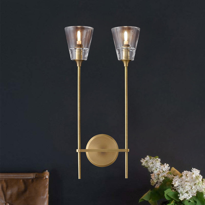 Black/Brass Finish Pencil Arm Wallchiere Vintage Metallic 1/2 Bulbs Wall Lamp with Clear Tapered Glass Shade 2.0 Brass Clearhalo 'Wall Lamps & Sconces' 'Wall Lights' Lighting' 264425