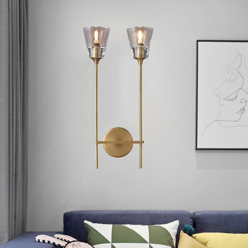 Black/Brass Finish Pencil Arm Wallchiere Vintage Metallic 1/2 Bulbs Wall Lamp with Clear Tapered Glass Shade Clearhalo 'Wall Lamps & Sconces' 'Wall Lights' Lighting' 264426