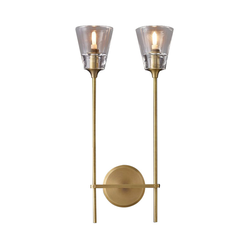 Black/Brass Finish Pencil Arm Wallchiere Vintage Metallic 1/2 Bulbs Wall Lamp with Clear Tapered Glass Shade Clearhalo 'Wall Lamps & Sconces' 'Wall Lights' Lighting' 264428
