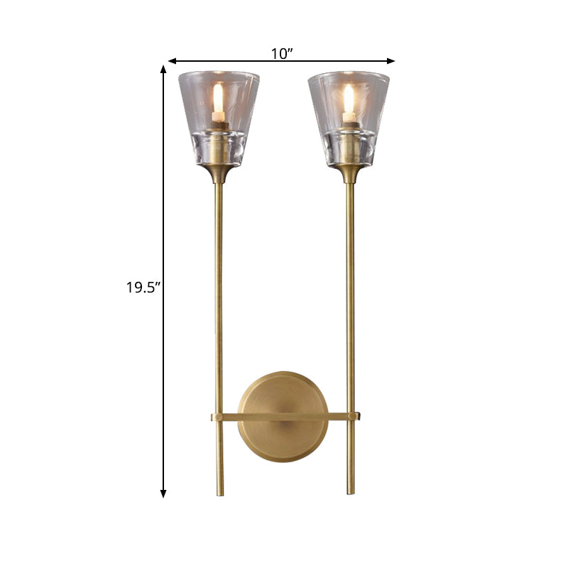 Black/Brass Finish Pencil Arm Wallchiere Vintage Metallic 1/2 Bulbs Wall Lamp with Clear Tapered Glass Shade Clearhalo 'Wall Lamps & Sconces' 'Wall Lights' Lighting' 264429
