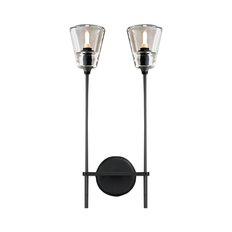Black/Brass Finish Pencil Arm Wallchiere Vintage Metallic 1/2 Bulbs Wall Lamp with Clear Tapered Glass Shade Clearhalo 'Wall Lamps & Sconces' 'Wall Lights' Lighting' 264433