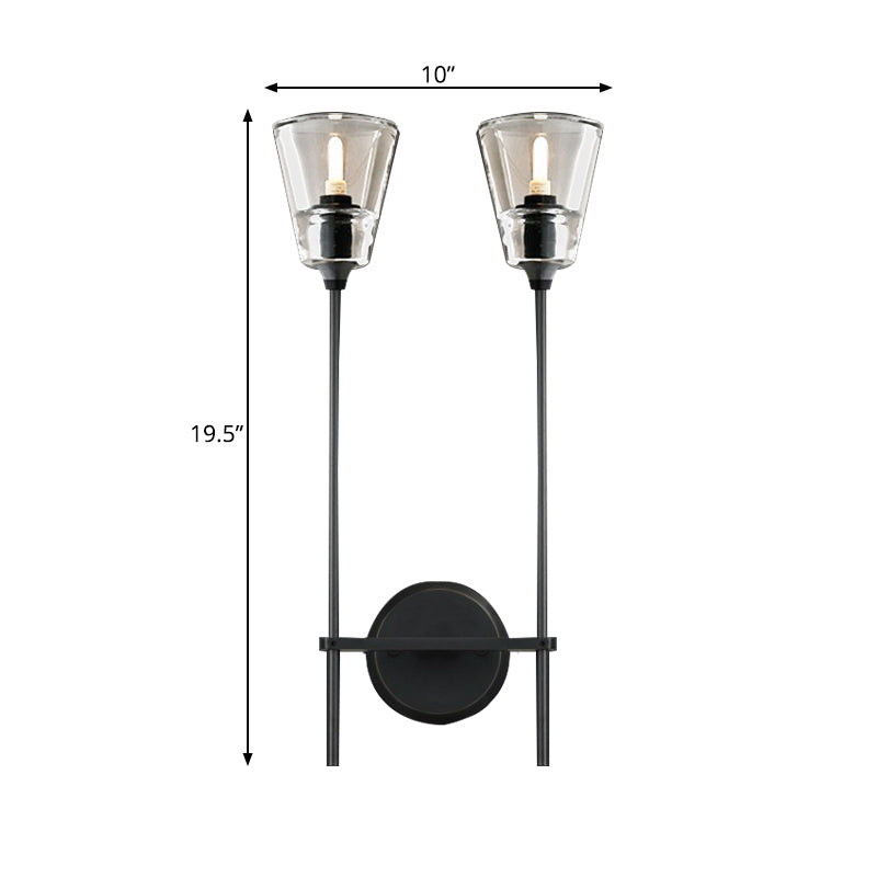 Black/Brass Finish Pencil Arm Wallchiere Vintage Metallic 1/2 Bulbs Wall Lamp with Clear Tapered Glass Shade Clearhalo 'Wall Lamps & Sconces' 'Wall Lights' Lighting' 264434