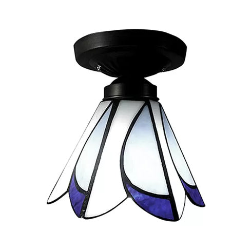 Bedroom Ceiling Light Glass, Floral Semi Flush Light Tiffany Style, 4" High x 7" in Diameter Clearhalo 'Ceiling Lights' 'Close To Ceiling Lights' 'Close to ceiling' 'Glass shade' 'Glass' 'Semi-flushmount' 'Tiffany close to ceiling' 'Tiffany' Lighting' 2645