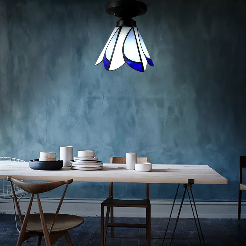 Bedroom Ceiling Light Glass, Floral Semi Flush Light Tiffany Style, 4" High x 7" in Diameter Black Clearhalo 'Ceiling Lights' 'Close To Ceiling Lights' 'Close to ceiling' 'Glass shade' 'Glass' 'Semi-flushmount' 'Tiffany close to ceiling' 'Tiffany' Lighting' 2646