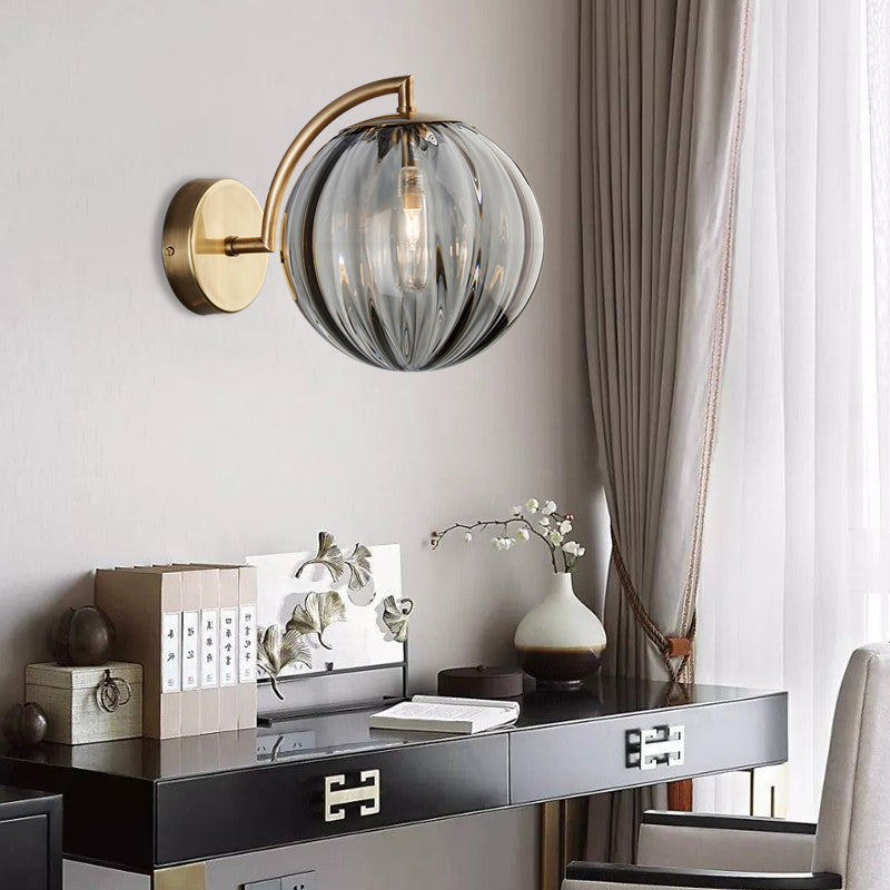 Globe Smoke Gray/Amber/Blue Water Glass Sconce Colonialism 1 Bulb Living Room Wall Light Fixture Smoke Gray Clearhalo 'Wall Lamps & Sconces' 'Wall Lights' Lighting' 264646