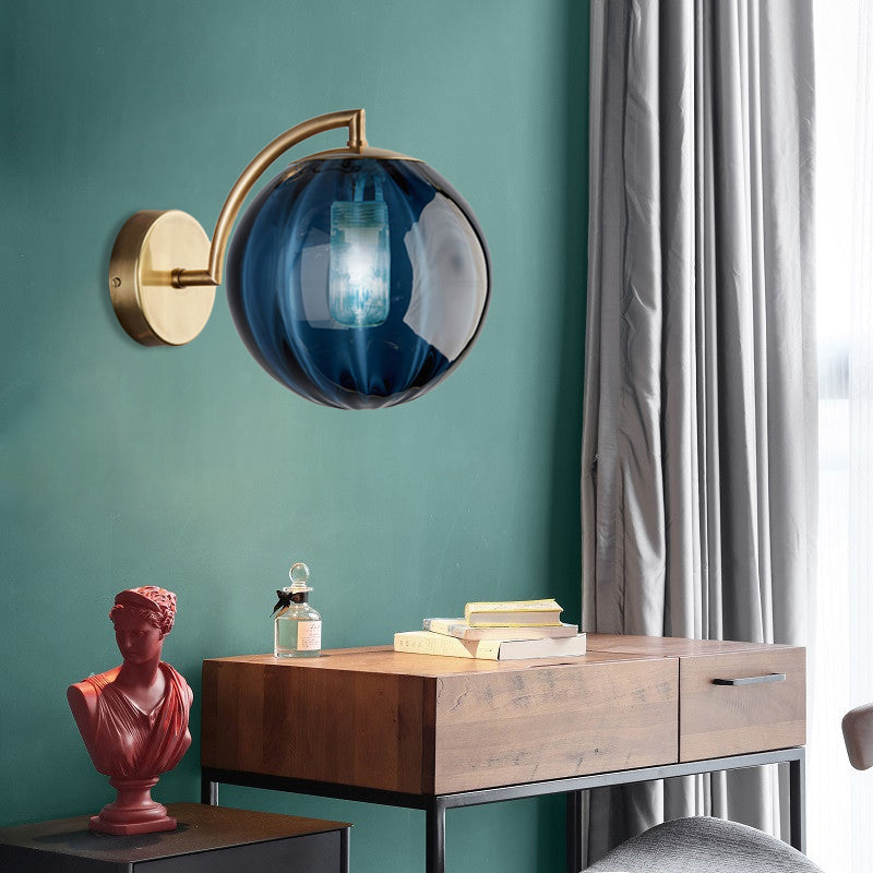 Globe Smoke Gray/Amber/Blue Water Glass Sconce Colonialism 1 Bulb Living Room Wall Light Fixture Clearhalo 'Wall Lamps & Sconces' 'Wall Lights' Lighting' 264651