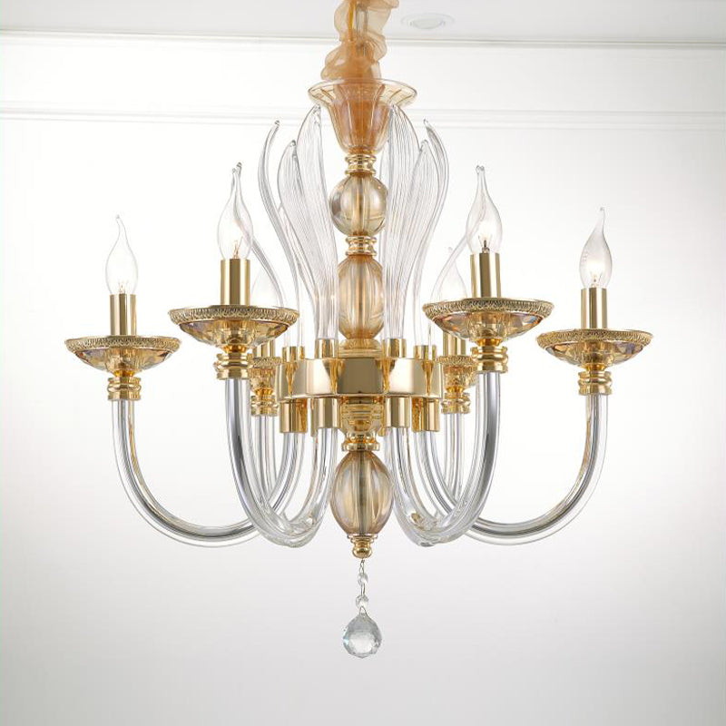 Golden Curved Chandelier Modern 6 Heads Clear Glass Ceiling Pendant Light with Crystal Drop Clearhalo 'Ceiling Lights' 'Chandeliers' 'Industrial Chandeliers' 'Industrial' 'Middle Century Chandeliers' 'Tiffany' Lighting' 264698