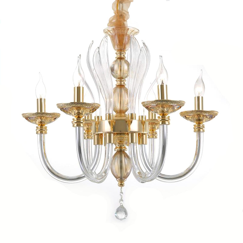 Golden Curved Chandelier Modern 6 Heads Clear Glass Ceiling Pendant Light with Crystal Drop Clearhalo 'Ceiling Lights' 'Chandeliers' 'Industrial Chandeliers' 'Industrial' 'Middle Century Chandeliers' 'Tiffany' Lighting' 264701