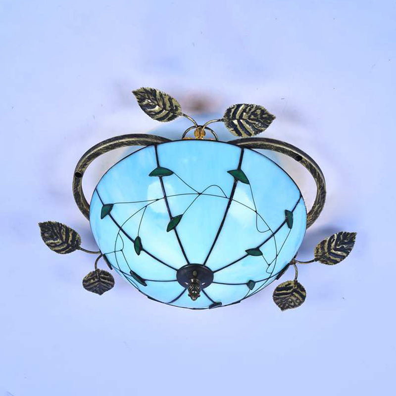 Bowl Flushmount Light Tiffany Stained Glass 3 Bulbs Flush Mount Ceiling Fixture with Leaf Decoration in White/Blue/Green-White/Blue-Green Blue-Green Clearhalo 'Ceiling Lights' 'Close To Ceiling Lights' 'Close to ceiling' 'Glass shade' 'Glass' 'Semi-flushmount' 'Tiffany close to ceiling' 'Tiffany' Lighting' 26476