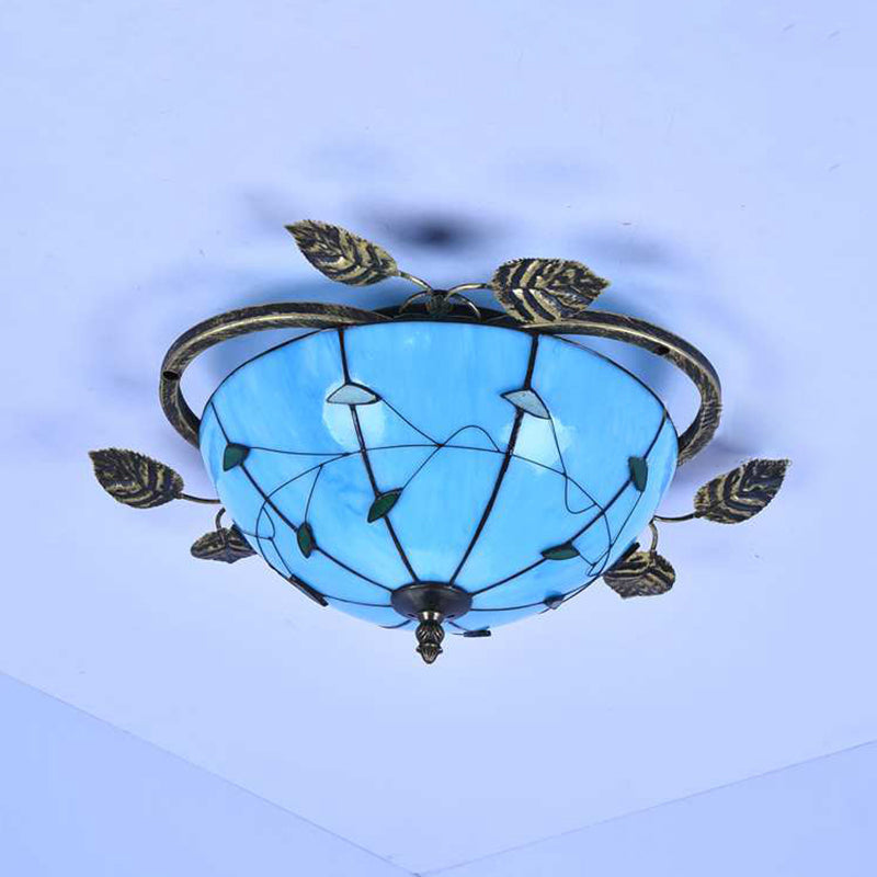 Bowl Flushmount Light Tiffany Stained Glass 3 Bulbs Flush Mount Ceiling Fixture with Leaf Decoration in White/Blue/Green-White/Blue-Green Clearhalo 'Ceiling Lights' 'Close To Ceiling Lights' 'Close to ceiling' 'Glass shade' 'Glass' 'Semi-flushmount' 'Tiffany close to ceiling' 'Tiffany' Lighting' 26477