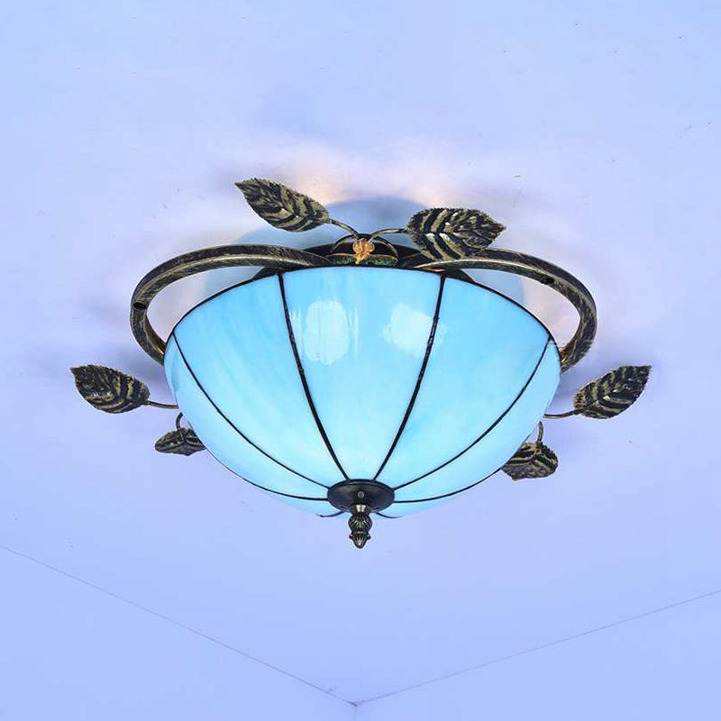 Bowl Flushmount Light Tiffany Stained Glass 3 Bulbs Flush Mount Ceiling Fixture with Leaf Decoration in White/Blue/Green-White/Blue-Green Blue Clearhalo 'Ceiling Lights' 'Close To Ceiling Lights' 'Close to ceiling' 'Glass shade' 'Glass' 'Semi-flushmount' 'Tiffany close to ceiling' 'Tiffany' Lighting' 26478