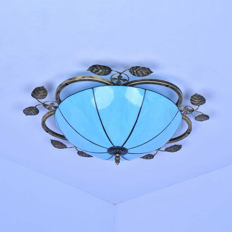 Bowl Flushmount Light Tiffany Stained Glass 3 Bulbs Flush Mount Ceiling Fixture with Leaf Decoration in White/Blue/Green-White/Blue-Green Clearhalo 'Ceiling Lights' 'Close To Ceiling Lights' 'Close to ceiling' 'Glass shade' 'Glass' 'Semi-flushmount' 'Tiffany close to ceiling' 'Tiffany' Lighting' 26479