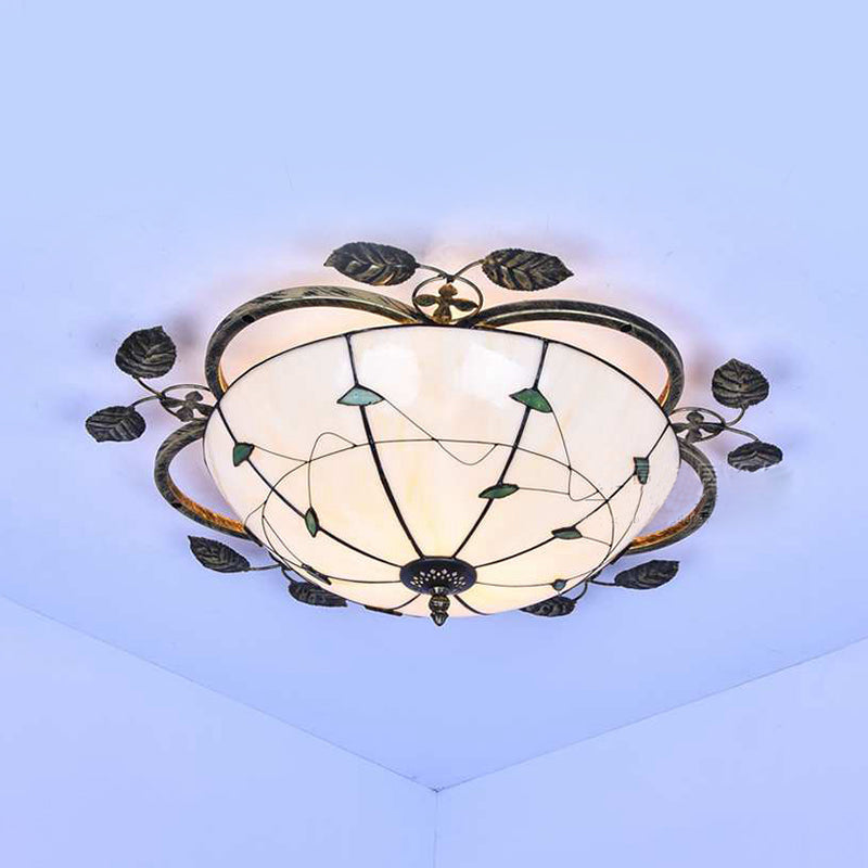 Bowl Flushmount Light Tiffany Stained Glass 3 Bulbs Flush Mount Ceiling Fixture with Leaf Decoration in White/Blue/Green-White/Blue-Green Green-White Clearhalo 'Ceiling Lights' 'Close To Ceiling Lights' 'Close to ceiling' 'Glass shade' 'Glass' 'Semi-flushmount' 'Tiffany close to ceiling' 'Tiffany' Lighting' 26480