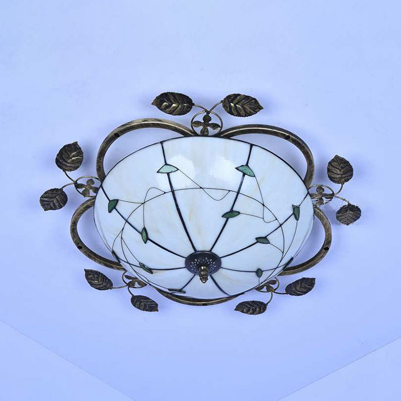 Bowl Flushmount Light Tiffany Stained Glass 3 Bulbs Flush Mount Ceiling Fixture with Leaf Decoration in White/Blue/Green-White/Blue-Green Clearhalo 'Ceiling Lights' 'Close To Ceiling Lights' 'Close to ceiling' 'Glass shade' 'Glass' 'Semi-flushmount' 'Tiffany close to ceiling' 'Tiffany' Lighting' 26481
