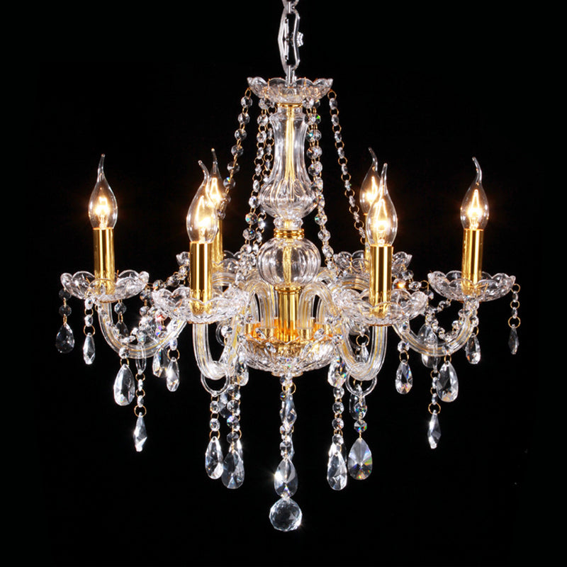 Curvy Armed Crystal Chandelier Light Victorian Style 6 Heads Golden Drop Pendant Clearhalo 'Ceiling Lights' 'Chandeliers' 'Modern Chandeliers' 'Modern' Lighting' 264885