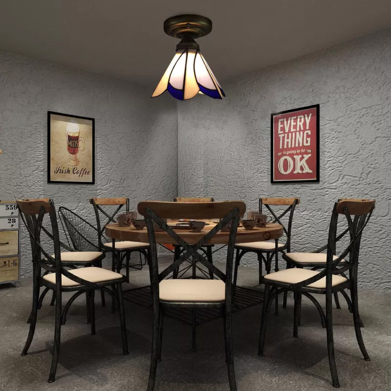 Bedroom Ceiling Light Glass, Floral Semi Flush Light Tiffany Style, 4" High x 7" in Diameter Bronze Clearhalo 'Ceiling Lights' 'Close To Ceiling Lights' 'Close to ceiling' 'Glass shade' 'Glass' 'Semi-flushmount' 'Tiffany close to ceiling' 'Tiffany' Lighting' 2649