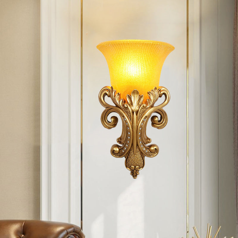Colonial Bell Flush Mount 1 Head Prismatic Glass Wall Sconce Lighting in Gold for Living Room Gold Clearhalo 'Wall Lamps & Sconces' 'Wall Lights' Lighting' 264931