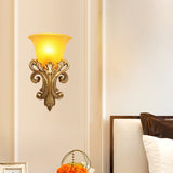 Colonial Bell Flush Mount 1 Head Prismatic Glass Wall Sconce Lighting in Gold for Living Room Clearhalo 'Wall Lamps & Sconces' 'Wall Lights' Lighting' 264932