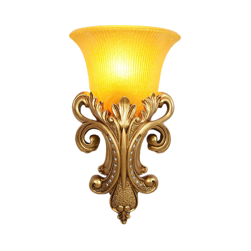 Colonial Bell Flush Mount 1 Head Prismatic Glass Wall Sconce Lighting in Gold for Living Room Clearhalo 'Wall Lamps & Sconces' 'Wall Lights' Lighting' 264933
