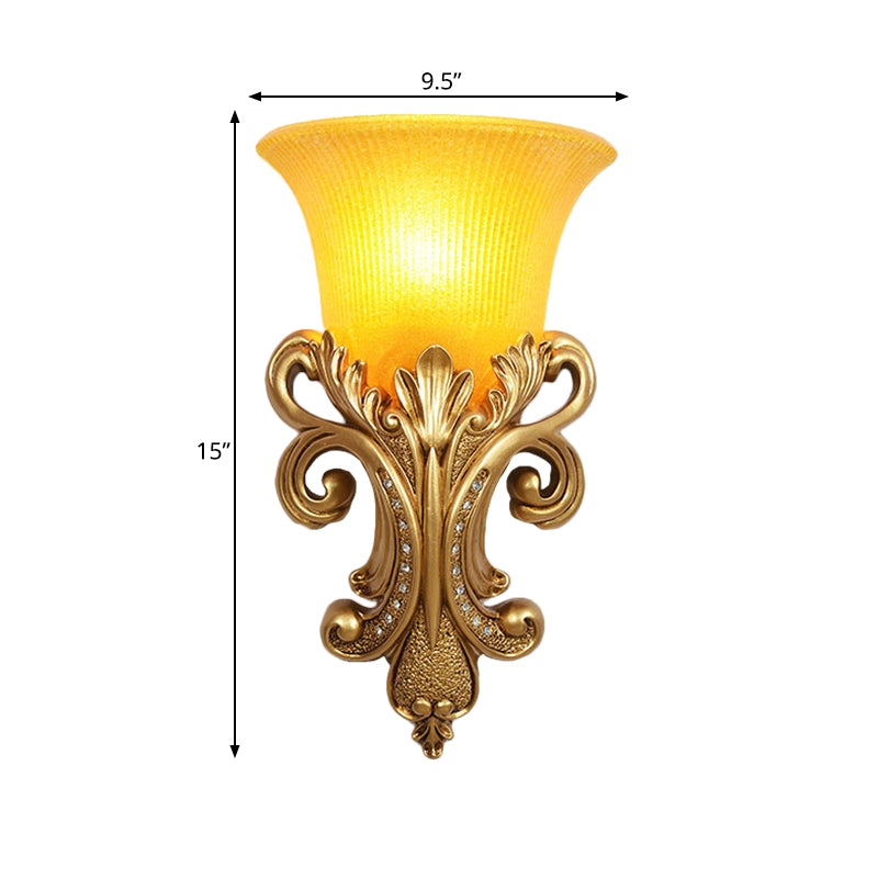 Colonial Bell Flush Mount 1 Head Prismatic Glass Wall Sconce Lighting in Gold for Living Room Clearhalo 'Wall Lamps & Sconces' 'Wall Lights' Lighting' 264934