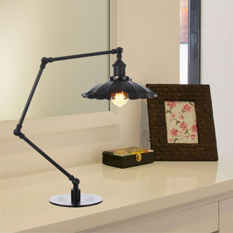 1 Bulb Study Room Table Lighting Vintage Stylish Adjustable Black/Brass Table Lamp with Scalloped Edge Metal Shade Clearhalo 'Lamps' 'Table Lamps' Lighting' 265034