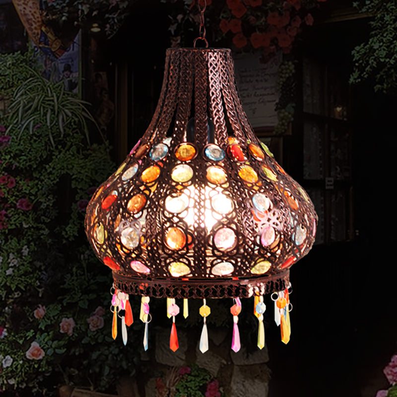 Bohemia Teardrop Ceiling Pendant Light Metal 1 Bulb Hanging Lamp with Decorative Gem in Weathered Copper Clearhalo 'Art Deco Pendants' 'Cast Iron' 'Ceiling Lights' 'Ceramic' 'Crystal' 'Industrial Pendants' 'Industrial' 'Metal' 'Middle Century Pendants' 'Pendant Lights' 'Pendants' 'Tiffany' Lighting' 265107